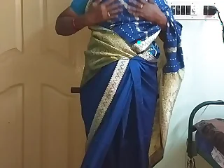 des indian horny cheating tamil telugu kannada malayalam hindi wifey vanitha wearing blue predispose saree  showing big boobies added to shaved pussy press churn hard boobies press nip rubbing pussy onanism